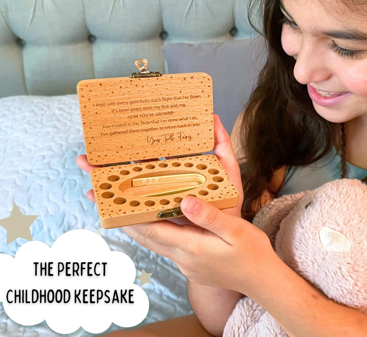Tooth Fairy Keepsake Box for Girls & Boys, Tooth Fairy Box for 20 Baby Teeth, Wooden Tooth Storage & Saver Box for Lost Teeth, Tooth Fairy Gifts for Birthday (Natural Beech)
