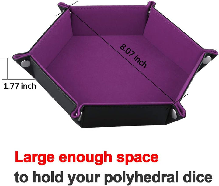 Double Sided Dice Tray, Folding Hexagon PU Leather and Velvet Dice Holder for Dungeons and Dragons RPG Dice Gaming D&D and Other Table Games, Dark Violet