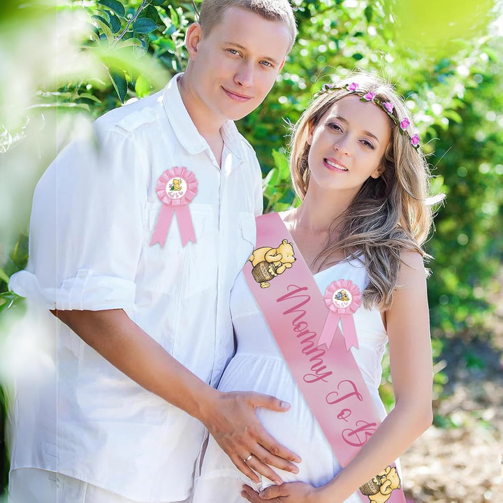Winnie Baby Shower Sash Mom to Be Sash and Dad to Be Pin Flower Crown for Gender Reveals Party Classic Baby Shower Girls Pregnancy Props Gift