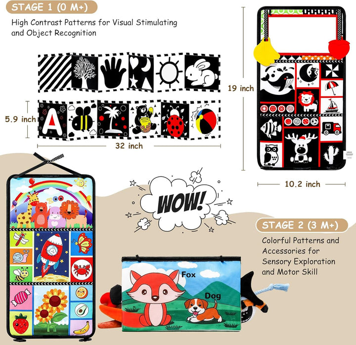 3PCS High Contrast Black & White Baby Toys - Tummy Time Mirror Infant Toys with Crinkle Cloth and Teether, Visual Stimulation Sensory Books for Newborns 0 3 6 12 Months, Shower Gift, Stocking Stuffers