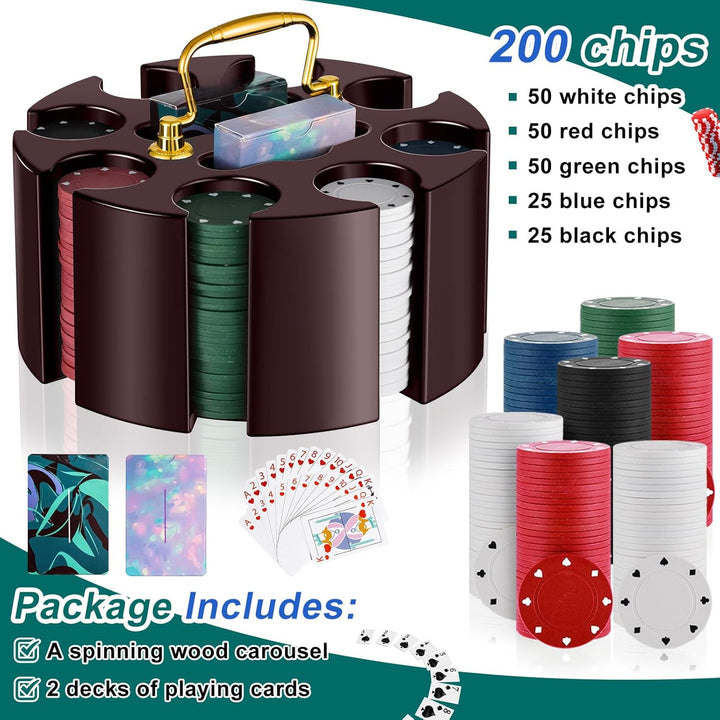 Poker Chips Poker Set, 200 Count Rotating Chip Case Wood Carousel Case Holder with 200 Pcs Chips and 2 Decks of Playing Cards for Casino Party Supplies Family Game Accessory