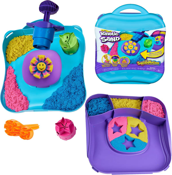 , Squishmotion with 1Lb Pink, Yellow & Blue Play Sand, Stamper & 5 Tools, Storage Case, Sensory Toys for Kids Ages 5 and Up