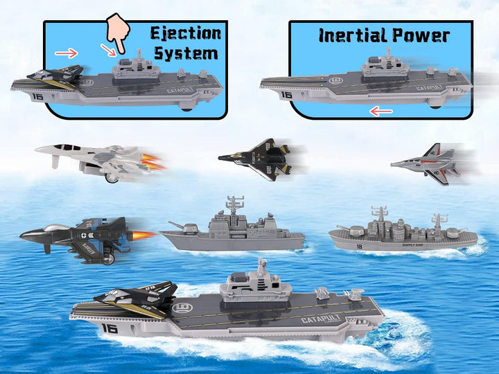 Aircraft Carrier Military Naval Ship with Pull Back Army Fighter Jet Toy Small Scale Model Plane Submarine Kids' Play Vehicle Set for Boy Girl Children