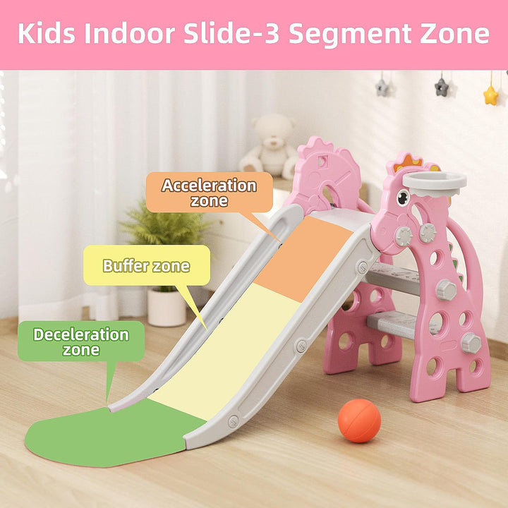 Toddler Slide for Indoor & Outdoor Play with Basketball Hoop, Anti-Slip Steps, 46.8In Baby Climber (Pink)