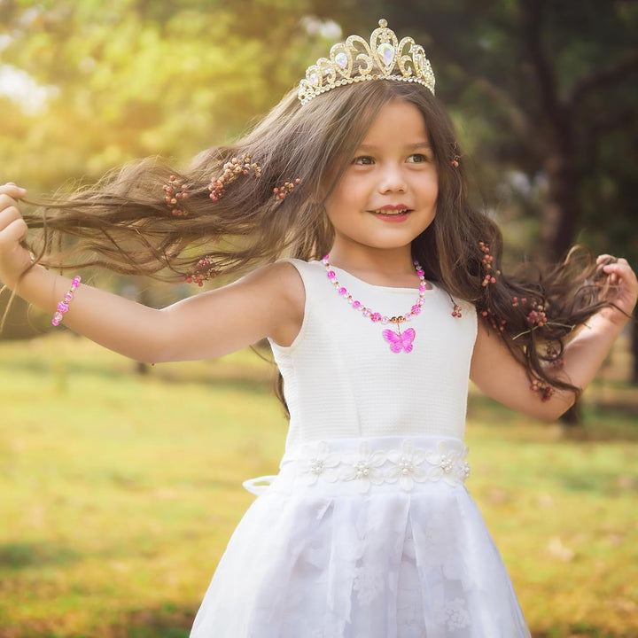 3 Sets Princess Jewelry for Little Girls, Handmade Butterfly Kids Jewelry Set, Stretch Necklace Bracelets, Perfect for Dress Up, Birthday Parties, and Costume Play