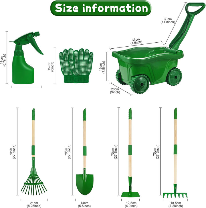 Kids Gardening Tools Set - 7Pcs Wheelbarrow Set for Kids with Shovel, Rake, Leaf Rake, Summer Outdoor Yard Digging Weed Toys, Halloween Birthday Gifts for Boys Girls Age 2 3+ Years Old(Green)