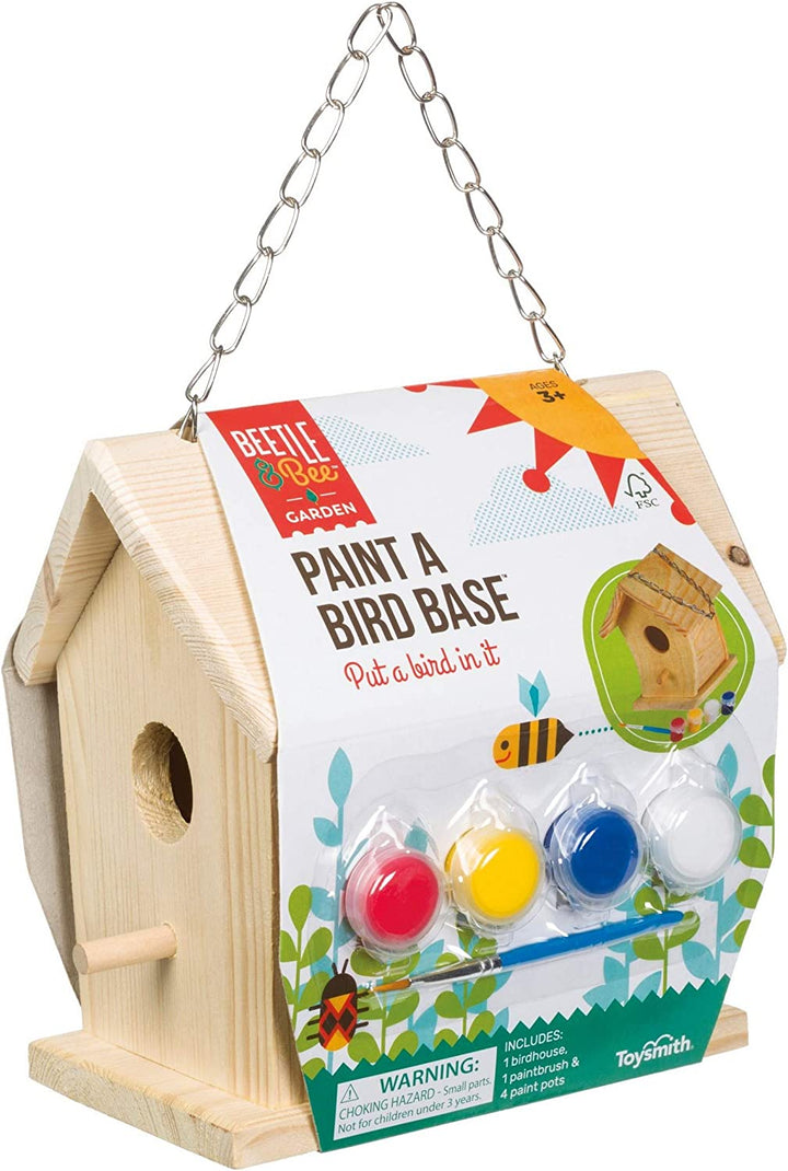 Beetle & Bee Build a Bird Bungalow - DIY Kid Art Craft Outdoor Birdhouse Kit, House Painting Kit for Kids, Hardware Glue Included- 4 Paints, 1 Brush, 7 Wooden Pcs, Chain for Tree Hanging Age 5+