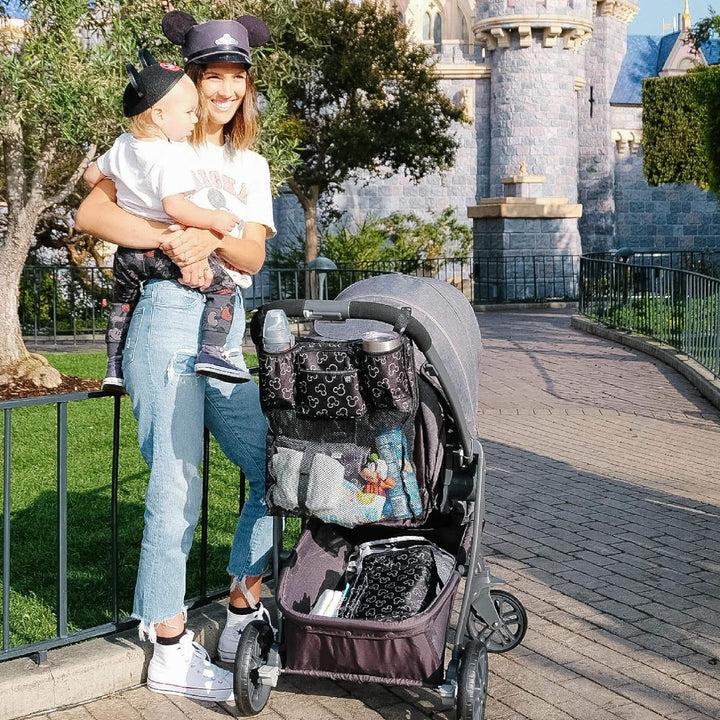 Disney Baby by  Stroller Organizer with Cup Holders and Mesh Storage Compartment - Disney World Travel Essential - Universal Stroller Accessory with XL Storage Bag - Mickey Mouse Black