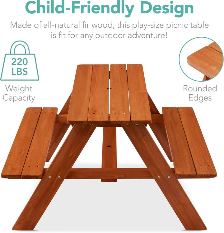 Kids Wooden Picnic Table, Outdoor Activity & Dining Table W/Adjustable Collapsible Umbrella, Built-In Seats - Golden Brown/Navy