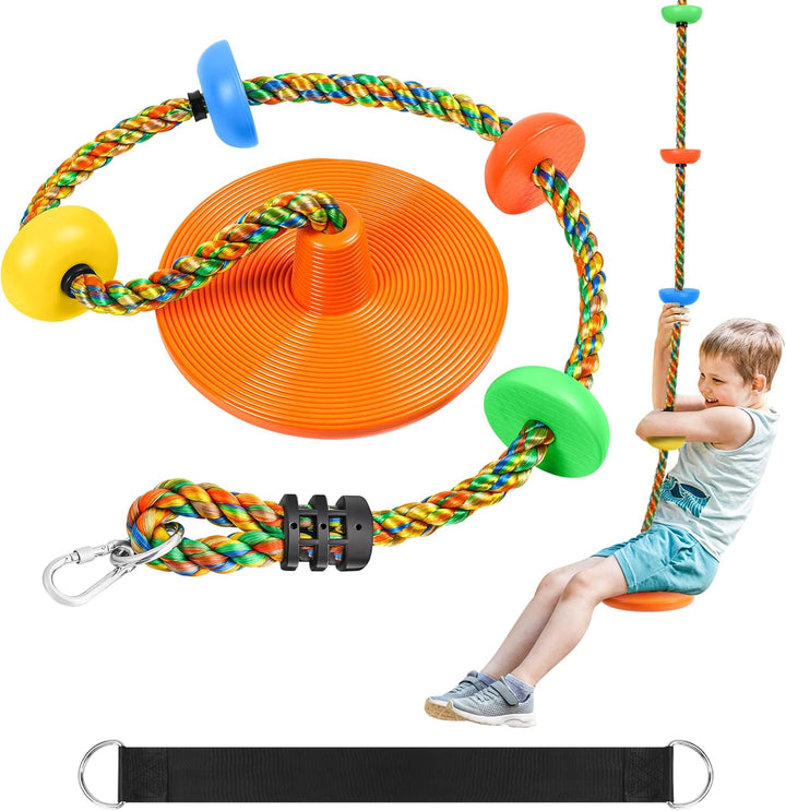 Climbing Rope with Platforms and Disc Swing Seat Set Playground Accessories Including Bonus Hanging Strap & Carabiner Tree Swing for Kids Rope Swings for Tree