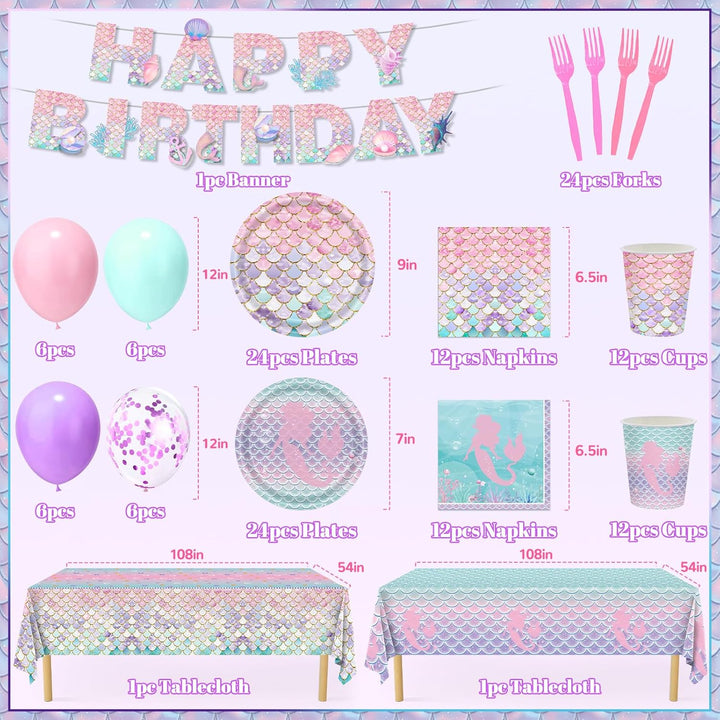 Mermaid Birthday Decorations, 147Pcs Mermaid Party Supplies-Serves 24 with Plates and Napkins Tablecloth and Birthday Banner Balloons for Mermaids Girl Birthdays Decorations