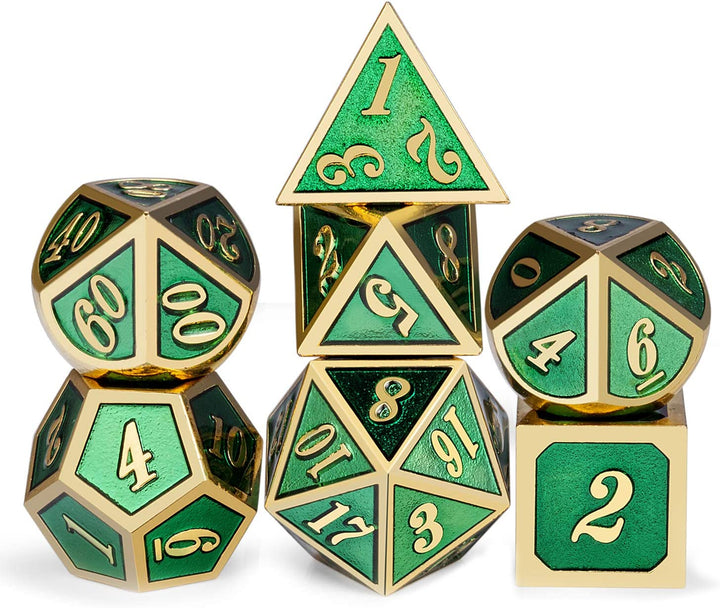 Metal Dice Set D&D, 7 Die Metallic Polyhedral Dice Set with Gift Metal Box and Gold Number for DND Dungeons and Dragons Role Playing Games (Black and Gold)