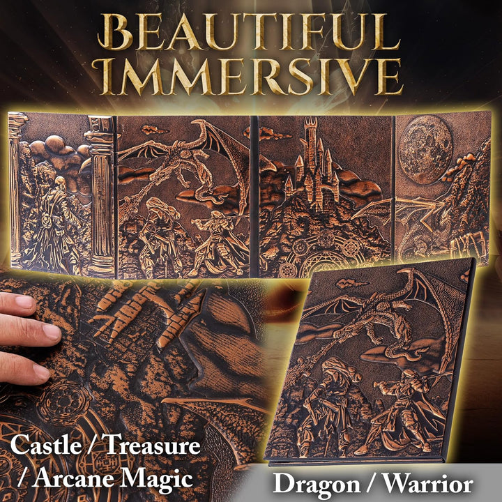 DM Screen for DND with 4 Wider Panels - Stunning Panoramic Battle Scene & Clear Game Master GM Pockets - 3D Embossed Faux Leather Dungeon Master Screen for D&D, RPG (Fits US Letter 8.5 X 11)