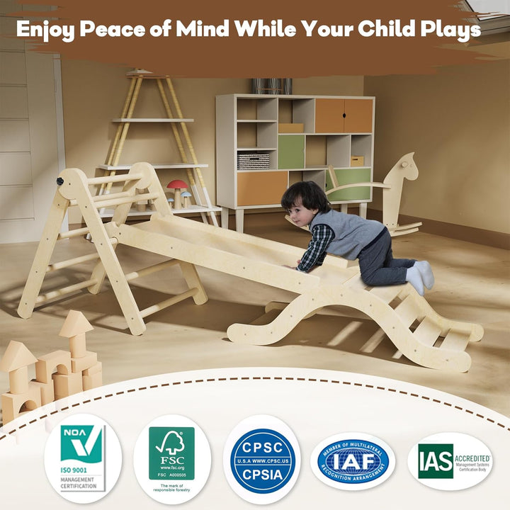 Pikler Triangle Set 7In1 Toddler Climbing Toys Indoor Foldable Baby Climbing Toys Wooden Montessori Climbing Set with Arch, Ramp, Ladder for 1-3 Years, Jungle Gym for Kids (Natural)