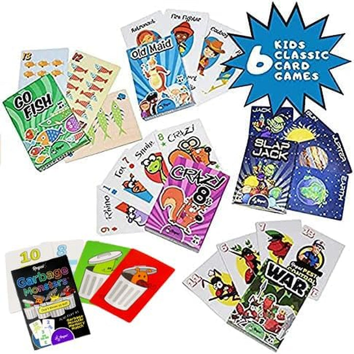 Card Games for Kids - Go Fish, Crazy 8'S, Old Maid, Slap Jack, Garbage Monster, War - Simple & Fun Classic Family Table Games - Games May Vary (6 Set)