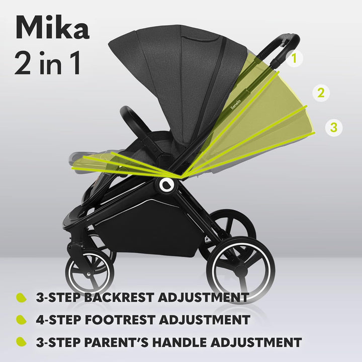 Mika 2-In-1 Combination Pushchair Baby Carrycot Pram Buggy Rain Cover Shoulder Strap for Transport, Mattress, Mosquito Net, Foot Cover, Waterproof Material, Rubber Wheels (Grey Graphite)