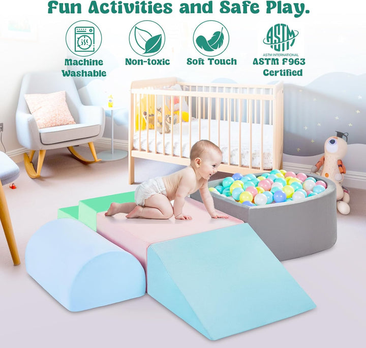 Climbing Toys for Toddlers 1-3 Inside, Baby Foam Climbing Blocks with Ball Pit for Toddlers, 5-Piece Soft Play Climbing Blocks, Indoor Climb Crawl Activity Play Set, Birthday Gift (Balls Not Included)