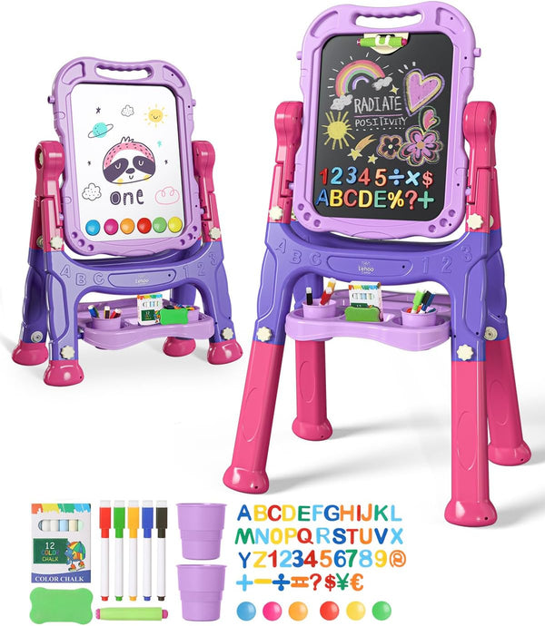 Easel for Kids, Double Sided Kids Art Easel with Magnetic White Board Chalk Board, Adjustable Standing Toddler Easel with Drawing Accessories, Gift for Girls 3 4 Years Old