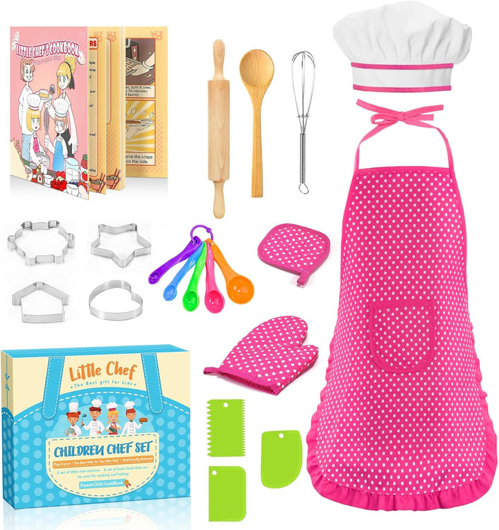 Birthday Gifts for 3-8 Year Old Girls Cute Stuff Apron for Girls Kids Cooking Sets Toddler Toys Kids Chef Hat and Apron Easter Christmas Stocking Stuffers White-With Cookbook
