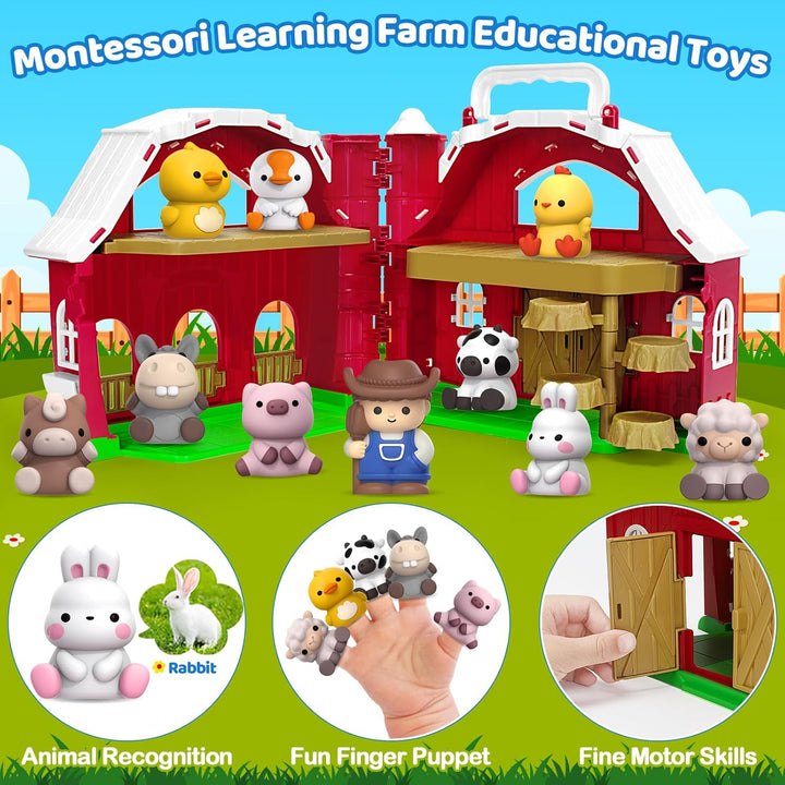 Farm Animals Big Barn Toys for 1 2 3 Year Old, Toddler Montessori Learning Toy, Farm Playset with Animal Figures and DIY Stickers, Christmas Birthday Gift for Baby Boys Girls Age 12-18 Months