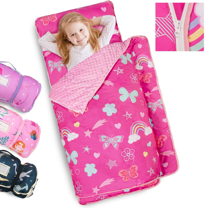 Toddler Nap Mat Extra Large Thickened 55''X35'', Soft Sleeping Bag with Detachable Minky Blanket and Pillow, Portable for Daycare, Preschool, Kindergarten, Travel, Boys and Girls