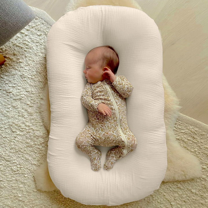 Muslin Baby Lounger Cover 2 Pack, 100% Cotton Infant Lounger Cover, Soft & Breathable Replacement Slipcover, Compatible with Snuggle Me Newborn Lounger (Dark Olive,Cream)