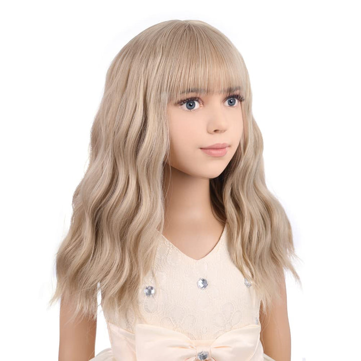 Blonde Wig Kids Child Short Wavy Wig with Bangs Flaxen Blonde Wigs Synthetic Girls Cosplay Halloween Party Costume Wigs (Flaxen Blonde)