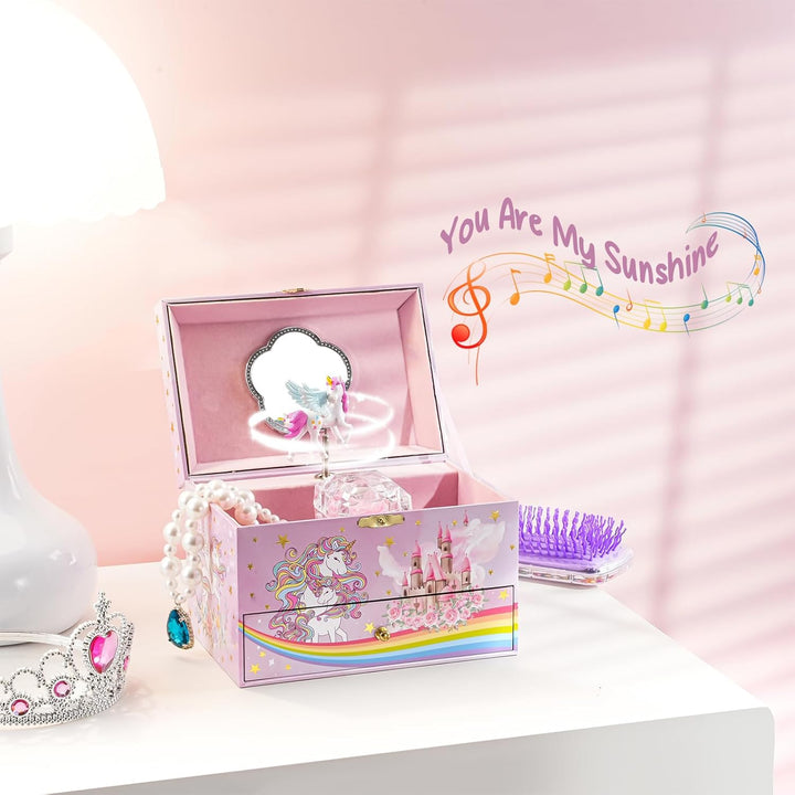 Children'S Jewelry Box, Kids Jewelry Organizer with Unicorn for Little Girls, Jewelry Case Gift for Toddler Age 2 3 4 5 6 7 8 -Sunshine