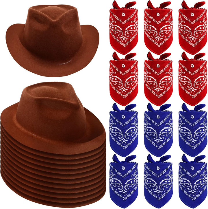 24 Pieces Western Cowboy Hat Set, Felt Cowboy Themed Party Hats with Paisley Bandanas for Kids Costume Party(Brown, Red, Blue)