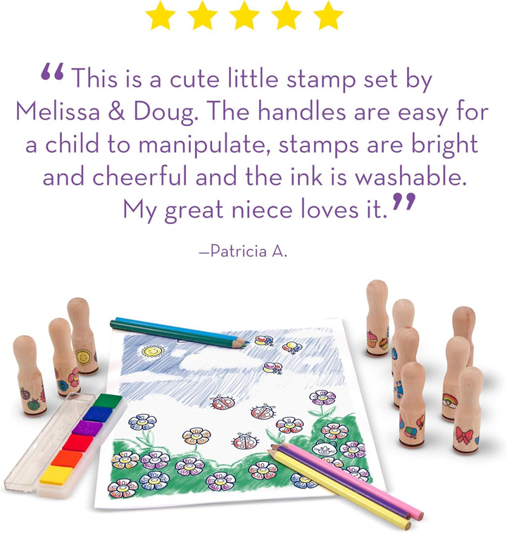 Deluxe Happy Handle Stamp Set with 10 Stamps, 5 Colored Pencils, and 6-Color Washable Ink Pad