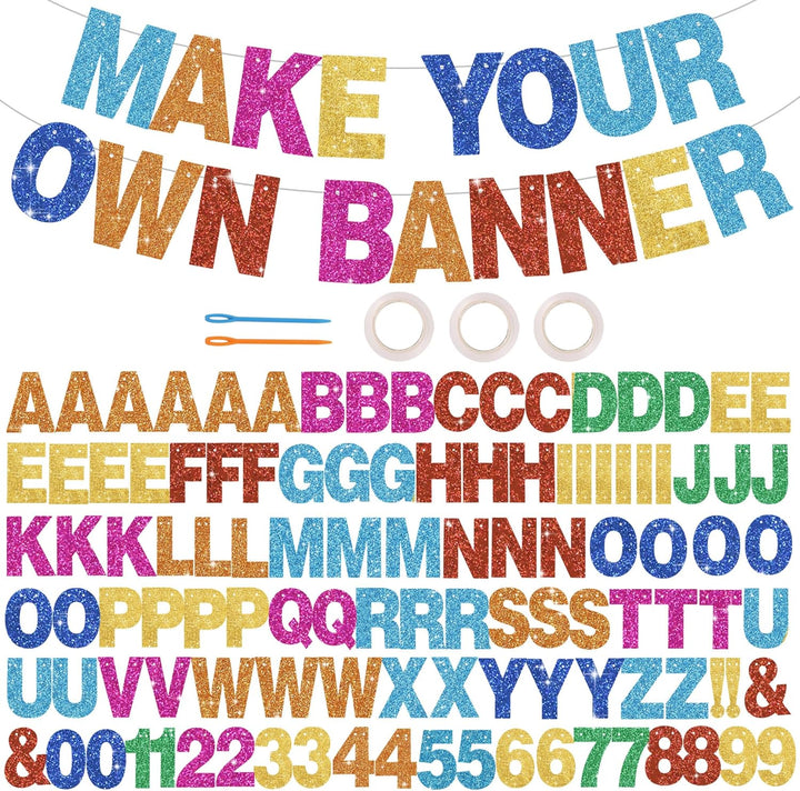 116 PCS A-Z Glitter Black DIY Letter Banner Kit Make Your Own Banner，Including 111 Letters and Numbers 3 Rope and 2 Threading Device,Customized for Birthday Graduation Wedding Party Decor