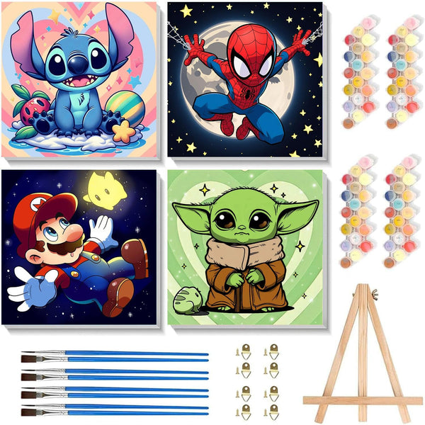 4 Pack Cartoon Paint by Numbers Kit for Kids with Frame - Wooden Easel, Cute Kids Paint by Numbers Ages 4 8 12, DIY Acrylic Oil Painting for Home Wall Decor (8X8 Inch)
