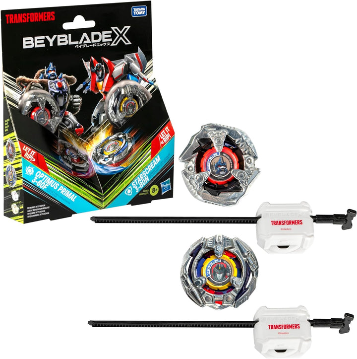 X Transformers Collab Optimus Prime 4-60P Vs. Megatron 4-80B Multipack Set with 2 Tops & 2 Launchers; Battling Top Toys for 8 Year Old Boys & Girls (Amazon Exclusive)