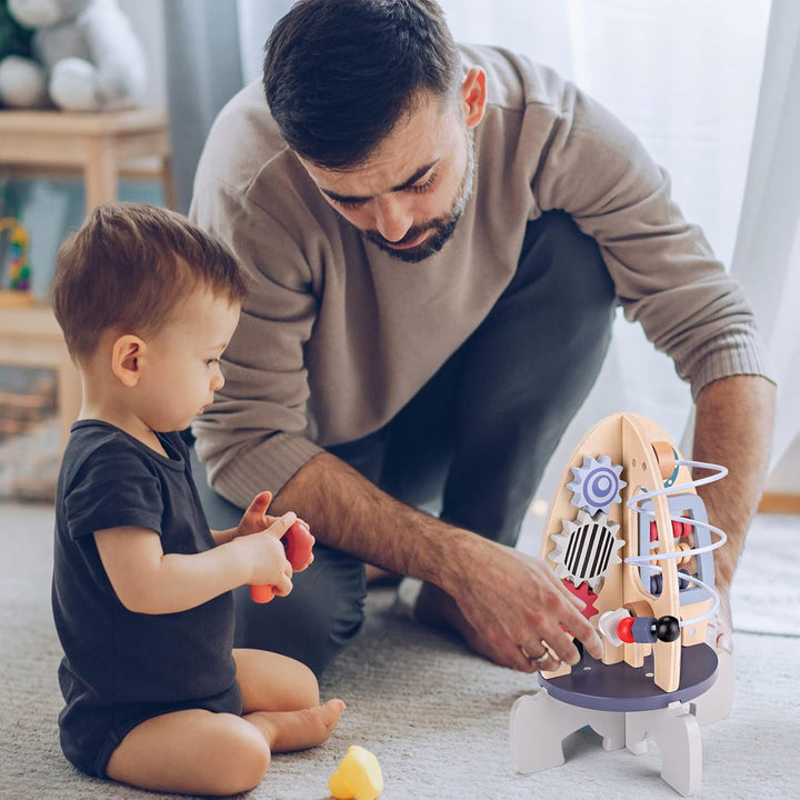Space Wooden Activity Cube Toys for Baby, Montessoritoys for 1 Year Old Boy & Girl Birthday Gifts, Sensory and Educational 1St Birthday Gifts, Busy Board Toys for Baby Boy 6-18 Months (Rocket)