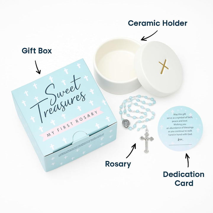 Sweet Treasures Gift – Baptism Gifts for Boys, First Rosary with Ceramic Keepsake Box and Card, Catholic Communion Gift, Christening and Baby Shower Rosary Beads, Blue