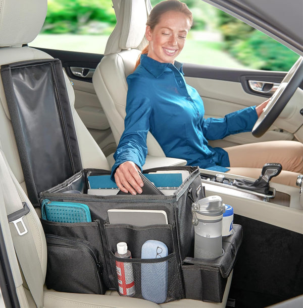 Large Carhop Car Seat Organizer for the Front or Back Seat for Kids and Adults with Cup Holder Tray, Side Pockets and Cooler Compartment