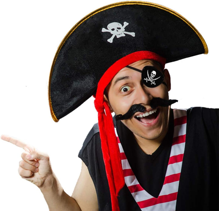 Fokes 2 Pieces Pirate Hat Skull Print Pirate Captain Costume Cap - Pirate Accessories Funny Party Hat Caribbean Fancy Dress