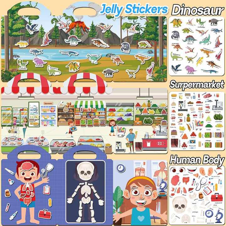 6 Sets Reusable Sticker Books for Toddlers 1-3, Jelly Sticker Books for Toddlers 2-4 Years, Toddler Travel Toys for Kids 2 3 4 Year Old Girls Boys