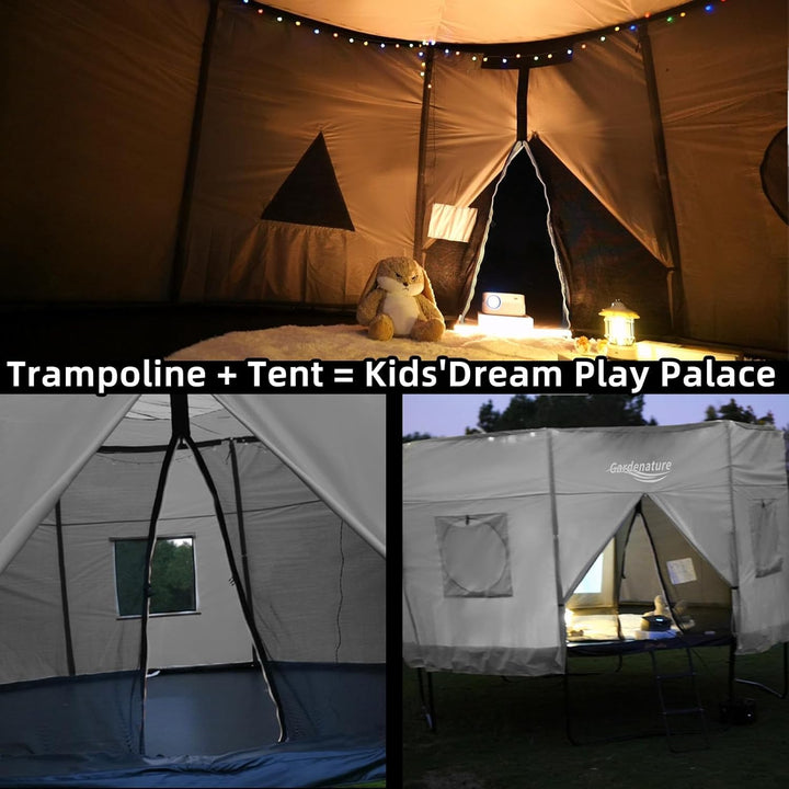 10FT/12FT/14FT Trampoline Tent(Tent Only), Fit round Trampolines, Shade Cover with LED Light, Outdoor Trampolien Accessories, Anti-Tear, Beige