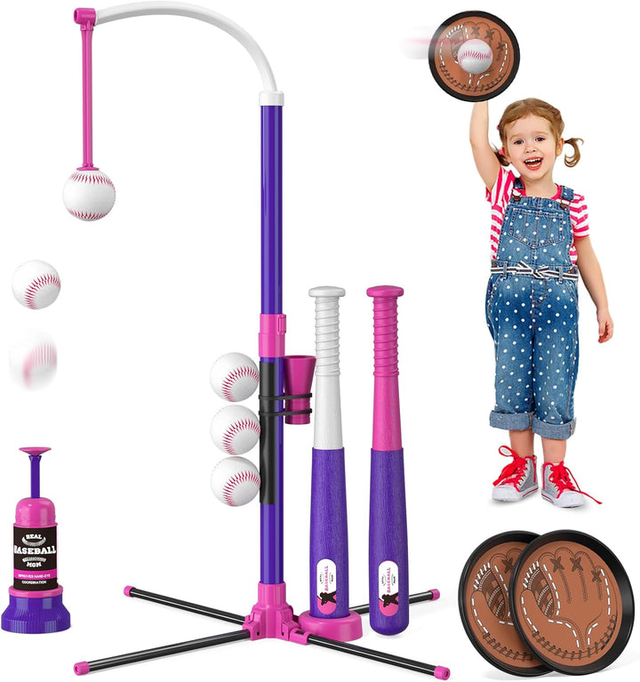 3-In-1 Baseball Set for Kids 3-5 - Tee Ball Stand, Hanging Tee, Ball Launcher and 6 Softballs - Adjustable Height, Indoor/Outdoor Sport Gifts for Boys, Blue