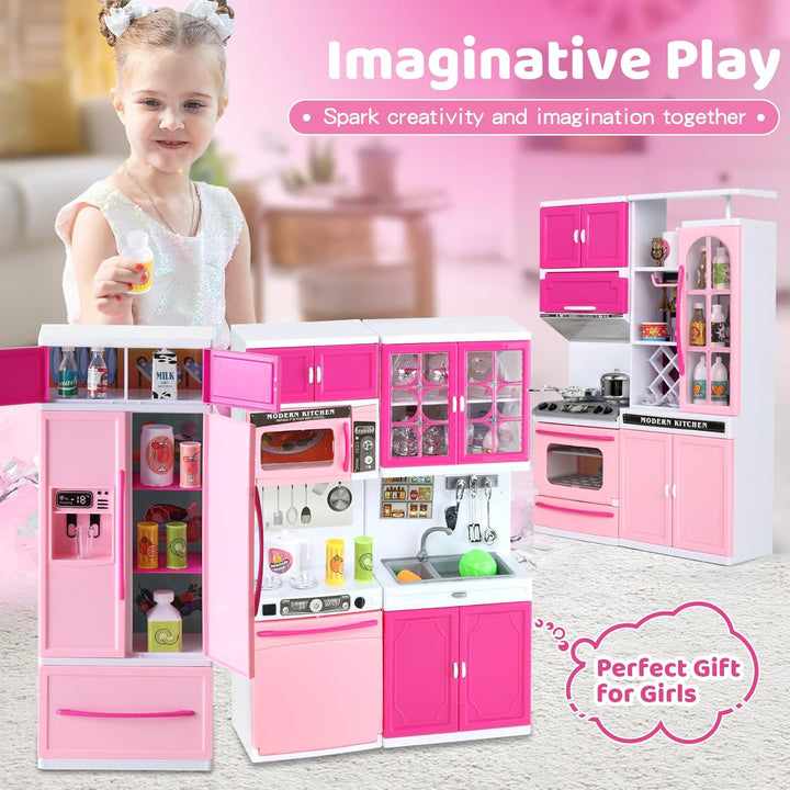 64 PCS Pink Kitchen Toys with Lights Sounds|Mini Kitchen House Furniture Sets for Kids Ages 4-8|Doll Playset Toys for Toddlers 3-5|Birthday Gifts for 3 4 5 6 7 8 Old Girls
