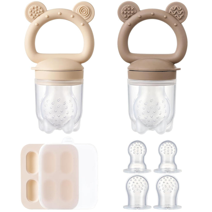 2 Pack Silicone Baby Fruit Feeder with Mini Freezer Tray, Baby Teethers, Breastmilk Popsicle Molds for Baby Teething Relief, Fresh Food Feeder for Safe Infant Self Feeding, Extra Food Pouches