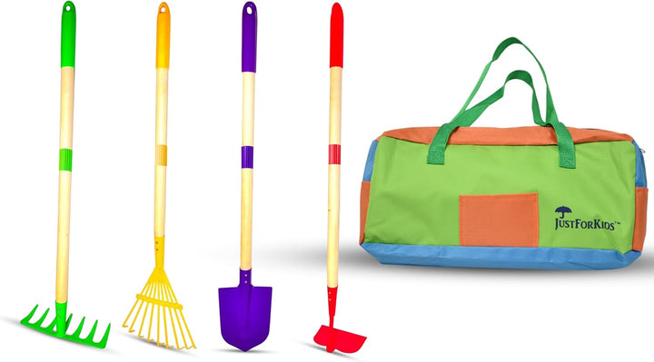 Justforkids Kids Garden Tool Set Toy, Rake, Spade, Hoe and Leaf Rake, Reduced Size , Made of Sturdy Steel Heads and Real Wood Handle, 4-Piece, Multicolored, 5Yr+