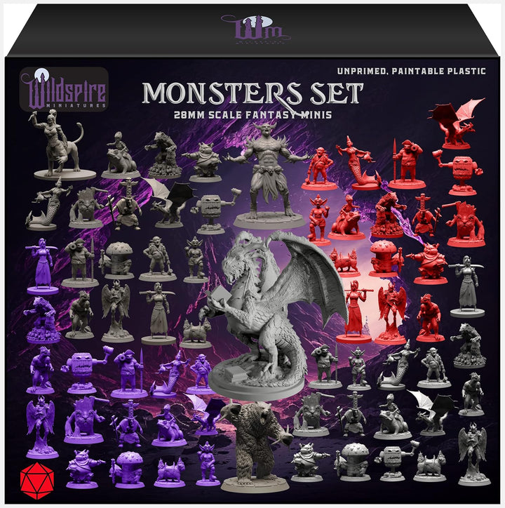Fantasy Monsters & Bookish Dragon for DND Miniatures Unpainted Bulk 28Mm-32Mm Dungeons & Dragons Minis Pathfinder Figures Fantasy Unpainted Tabletop RPG Miniature Starter Set for D&D