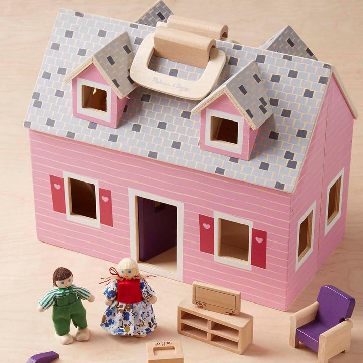 Fold and Go Wooden Dollhouse with 2 Dolls and Wooden Furniture,Multi,One Size