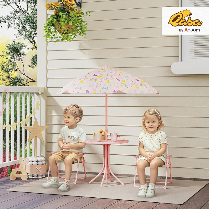 Kids Picnic Table and Chair Set, Outdoor Activity Table with Foldable Chairs, Removable Umbrella, Rainbow Pattern Toddler Patio Furniture for Backyard, Garden, Pink