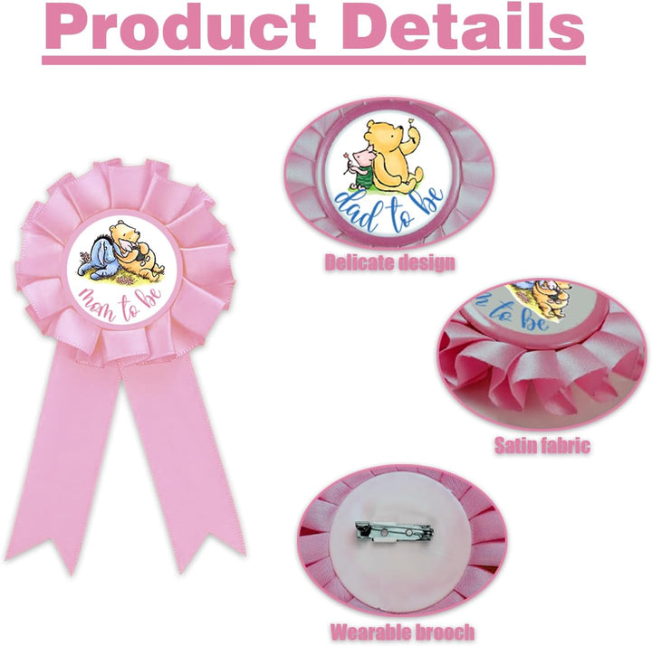 Winnie Baby Shower Sash Mom to Be Sash and Dad to Be Pin Flower Crown for Gender Reveals Party Classic Baby Shower Girls Pregnancy Props Gift