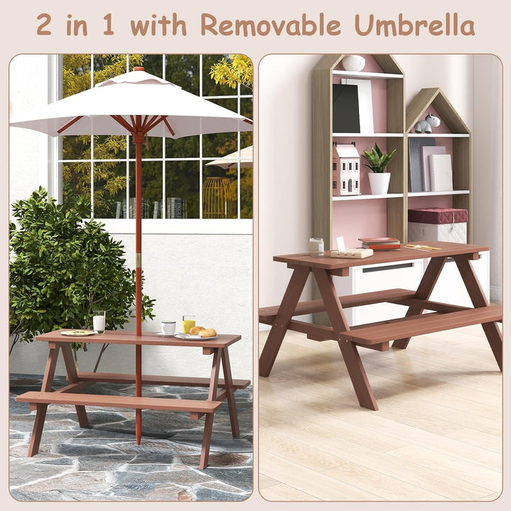 Kids Picnic Table, Wooden Childrens Table & Bench Set with Removable Umbrella, Kids Patio Furniture for Backyard, Garden, Kids Table and Chair Set for Outdoors (Natural)