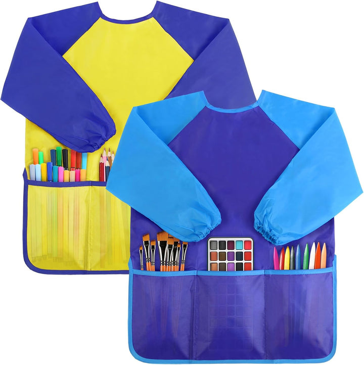 2 Pack Kids Art Smock,Kids Painting Apron,Children Artist Aprons with Long Sleeve 3 Pockets for Toddlers 3-6 Years