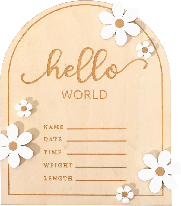 Wooden Hello World for Baby Showers - Newborn Birth Announcement Board,Daisy Wooden Baby Milestone Card,Welcome Baby Shower Gifts,Hello World Hospital Nursery Information Record Board (Hello World)